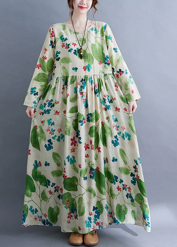 Fashion Green O-Neck Cinched Print Long Dress Long Sleeve Classic Charm