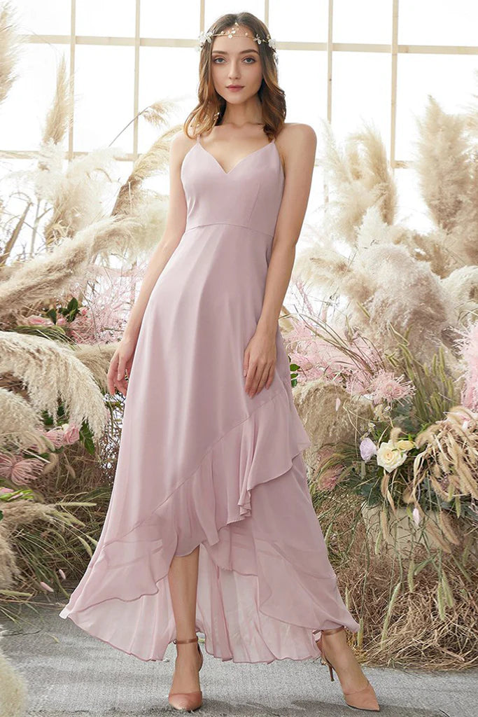 Jazmyn Spaghetti Straps High Low Chiffon Sleeveless Natural Waist Bridesmaid Dresses Fashion-Forward Style