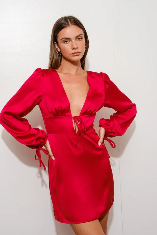 Alma Long Sleeve Plunging Neckline Satin Mini Dress Red Wardrobe Update