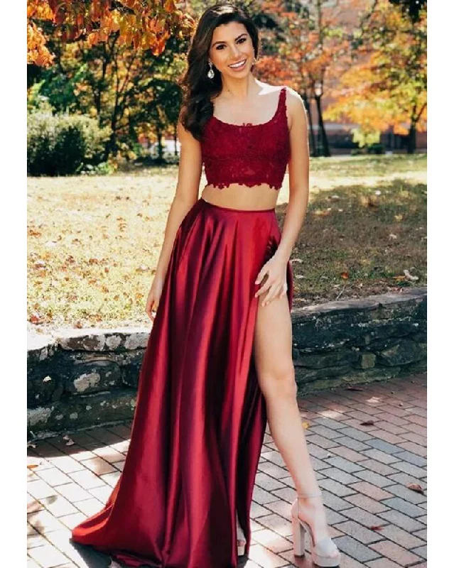 LP1114 Stylish Dark  Crop Top 2 Pieces Red U Neck lace High Slit dress fro Prom Long Evening Formal Gowns Effortless Sophistication