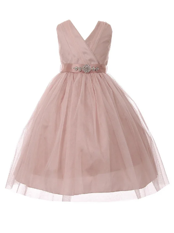 Little Girls Blush Rhinestone Satin Sash V-Neck Tulle Flower Girl Dress 2-6 Feminine Flow