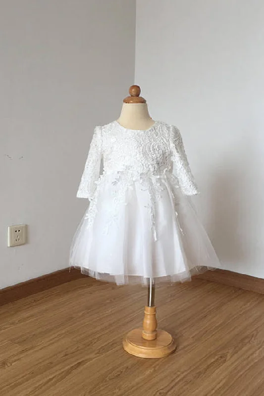 Floor Length Ivory Lace Tulle Long Sleeves Flower Girl Dresses with Bow F020 Best-Sellers