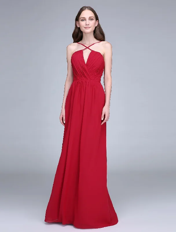 Sheath / Column Spaghetti Strap Floor Length Chiffon Bridesmaid Dress with Criss Cross Fashion Sale