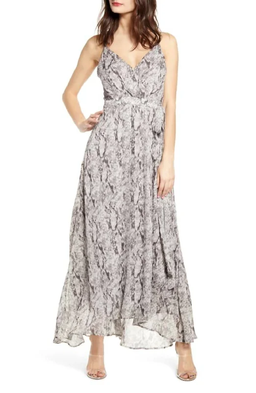 Snake Print Strappy V Neck Chiffon Maxi Dress In Gray Mid - Season Sale