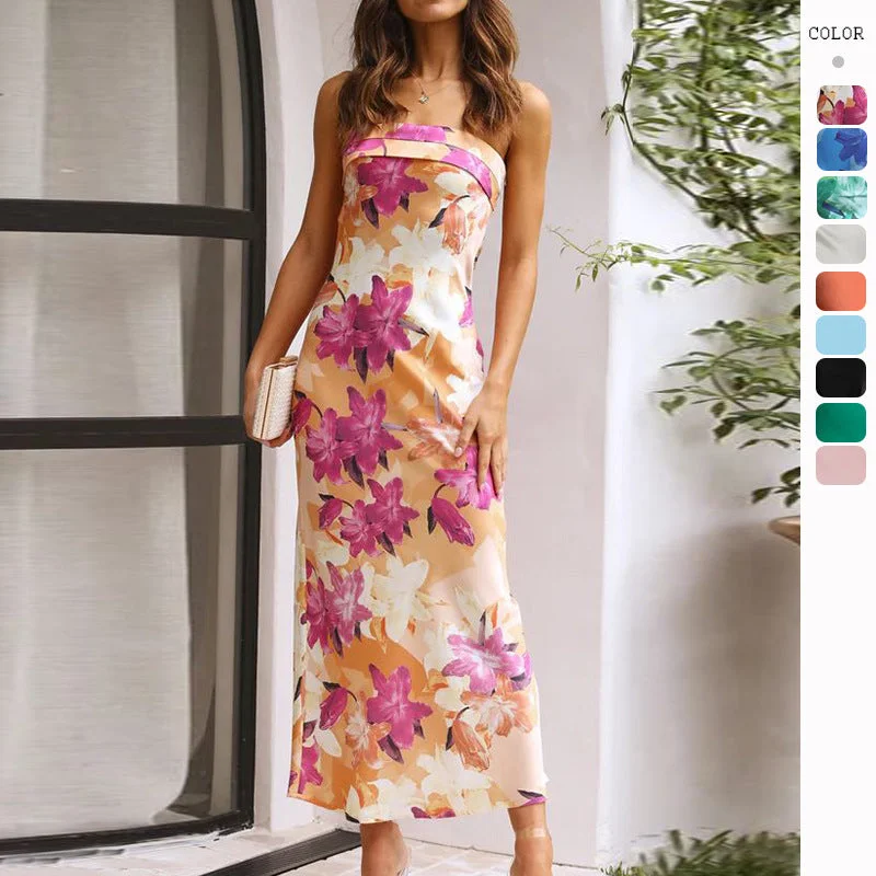 ikearlax Cross-Border HOTan and NEWn   Spring and Summer New Elegant Socialite Satin Backless Tube Top Dress Printing Romantic Date - Night Ensemble