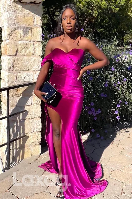 21798 - Off Shoulder Sleeveless Rosy Pink Thigh Slit Prom Dress Fashion Deal