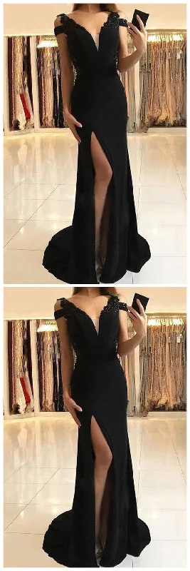 Sexy V neck Black High Slit Mermaid Prom Dress, Black Long Evening Gown   cg11452 Dreamy Draping