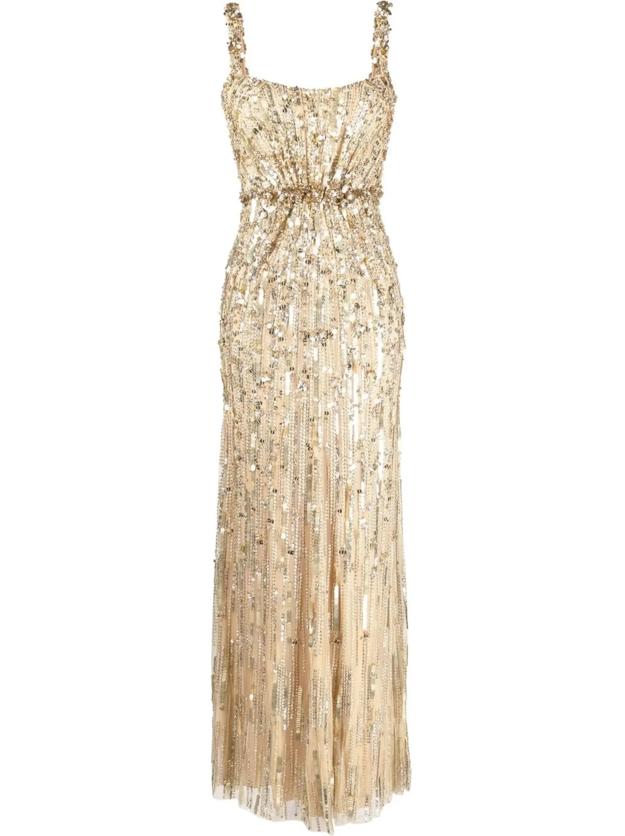 Gold-Sequin-Embellished Sleeveless Satin Gown Special Offer