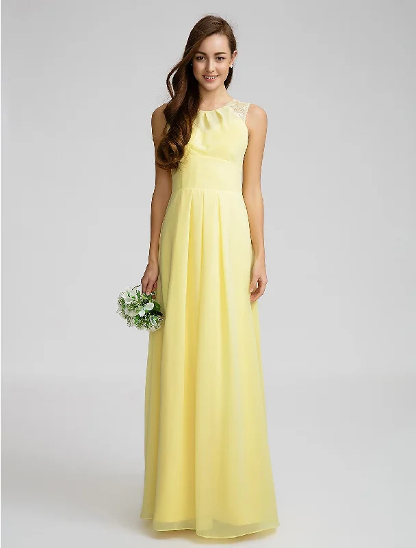 Sheath / Column Jewel Neck Floor Length Chiffon Bridesmaid Dress with Lace Summer Splash Sale