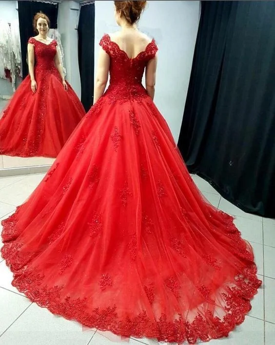 Off The Shoulder Ball Gown Red Lace Prom Dresses   cg16757 Fashion-Forward