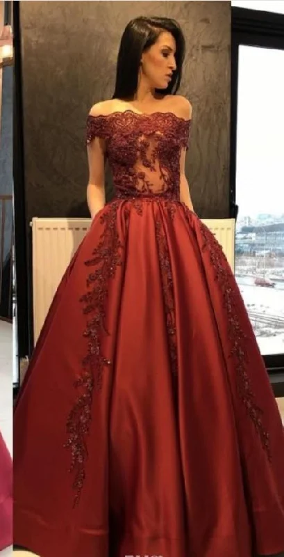 Dark Red Evening Gown Off The Shoulder Lace Prom Dress    cg17845 Update With Cottagecore Styles