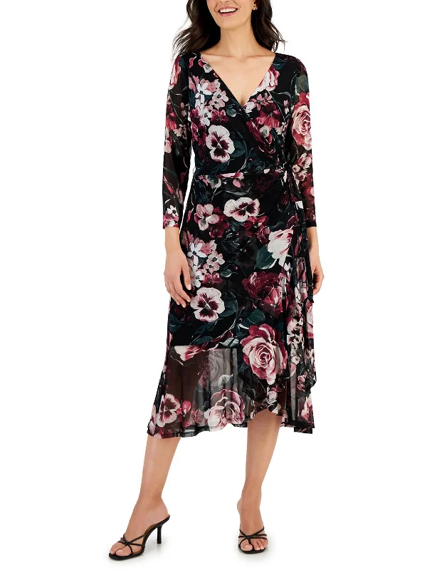 Womens Mesh Floral Wrap Dress Anniversary Sale