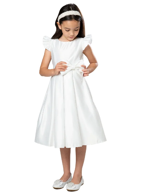 Little Girls White Flutter Sleeve Pleated Satin Flower Girl Dress 2-6 Limited - Stock