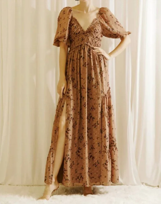 Floral Slit Maxi Dress In Mauve Floral Clearance Event