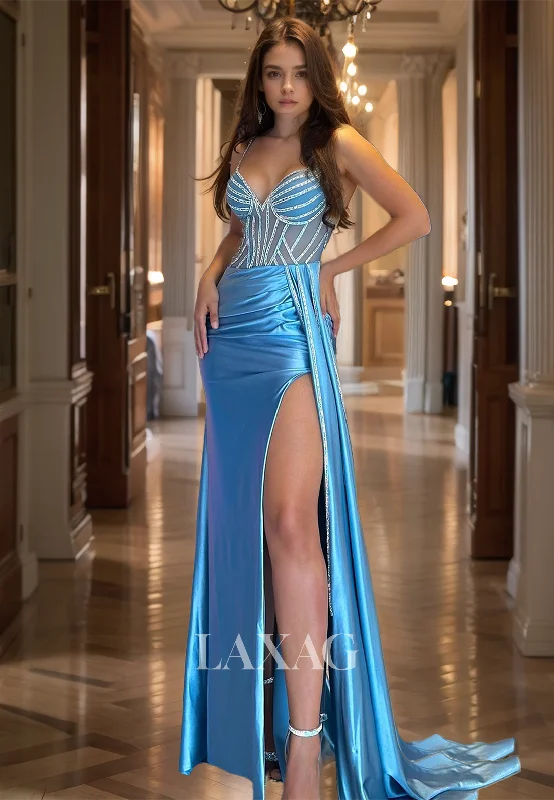 Sleeveless Sweetheart Spaghetti Straps Beaded Pleated High Slit Fitted Prom Dress with Sweep Train Special Offer