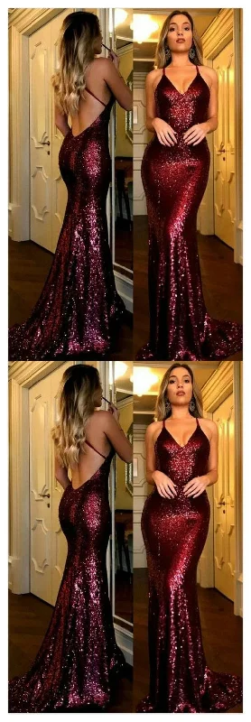 Sexy Halter V-Neck Open Back Sequined Burgundy Prom Dresses Long Evening Gowns   cg15963 Huge Savings On Parisian Styles