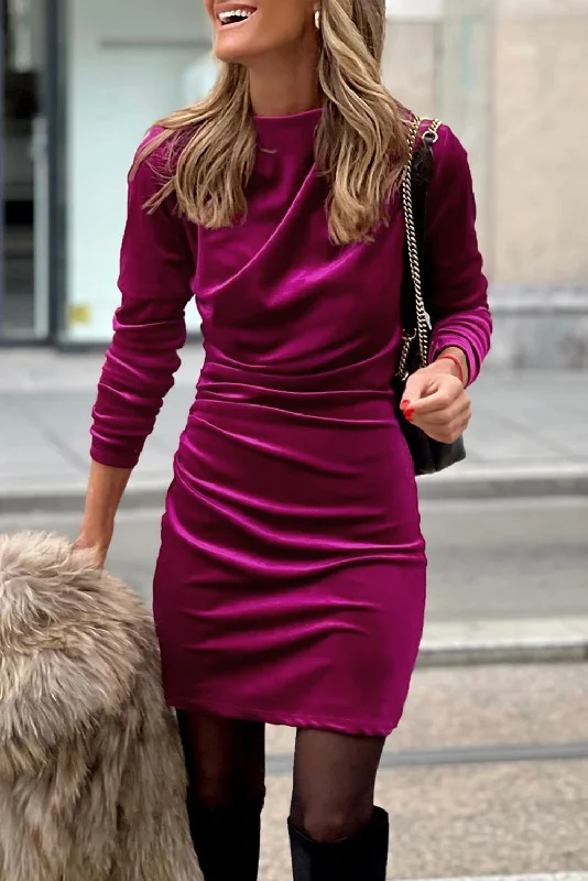 Pitaya Pink Velvet Mock Neck Ruched Long Sleeve Bodycon Dress Style Upgrade