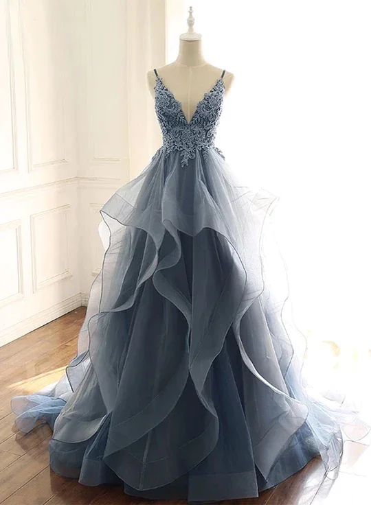 Charming Ball Gown Straps Dusty Blue Lace Long Prom Dress B535 Mid - Week Surprise