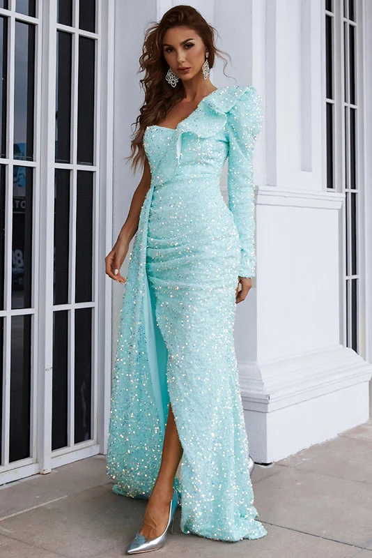 Trumpet One Shoulder Ruffle Long Sleeve Evening Party Dresses Side Split Sequins Prom Dresses Chic Allure