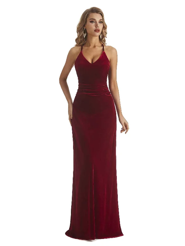 Elegant Mermaid V-neck Halter Velvet Long Party Wedding Guest Dresses Weekend Special