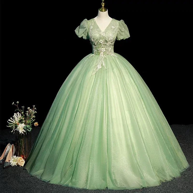 Modest Ball Gown V Neckline Sage Green Tulle Long Flowers Sweet 16 Dresses C1955 Father'S Day Deals