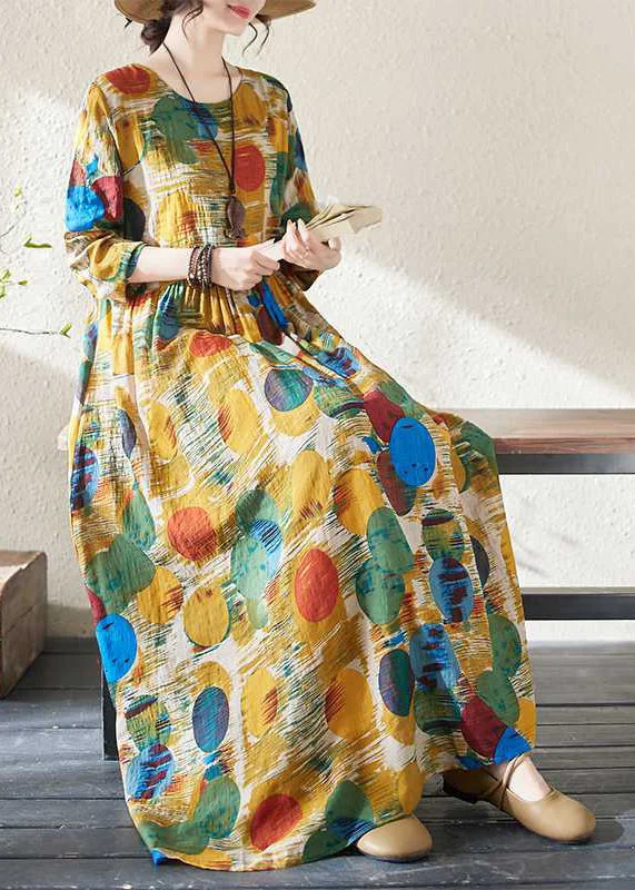 Women Yellow Patchwor Print Vacation Dresses Long Sleeve Mid - Season Sale