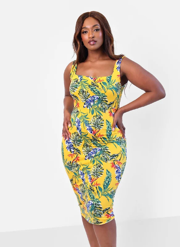 Isla Tropical Print Bodycon Midi Dress Fashion Deal