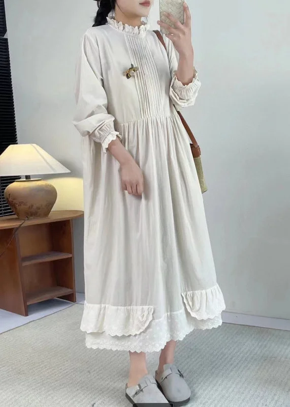 Chic Apricot Stand Collar Ruffled Patchwork Wrinkled Long Dress Long Sleeve Boho - Chic Festival - Ready Style