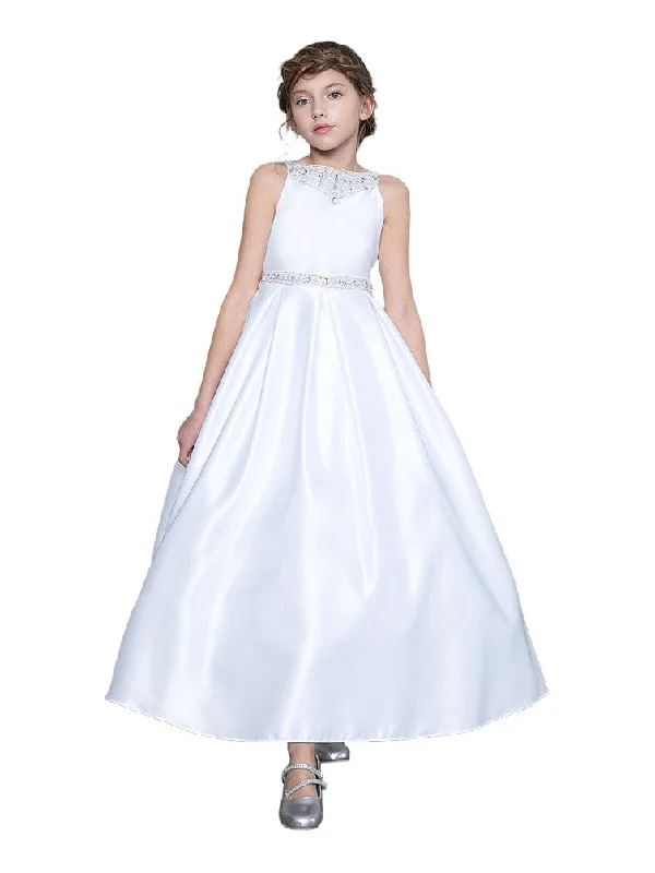 Little Girls White Satin Rhinestone Neckline Waist Band Flower Girl Dress 4-6 Today Only