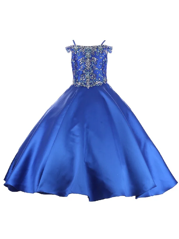 Little Girls Royal Blue Rhinestone Crepe Satin Off Shoulder Ball Gown 2-6 Flash Sale