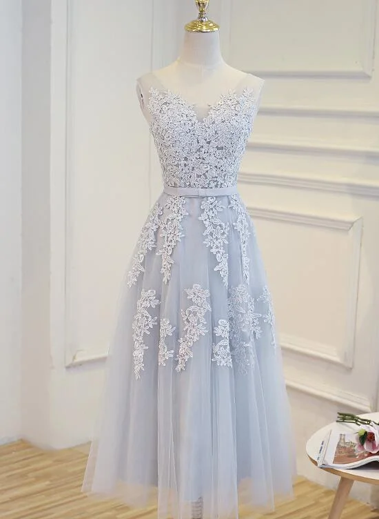 Simple Pretty Light Grey Tea Length Prom Dress, Tea Length Bridesmaid Dress Rustic Countryside Charm Look