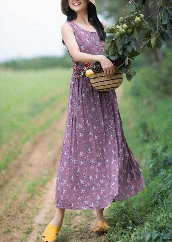 Unique Purple Print Dresses O-Neck Button Summer Sleeveless Dress Beat The Heat In Tropical Styles