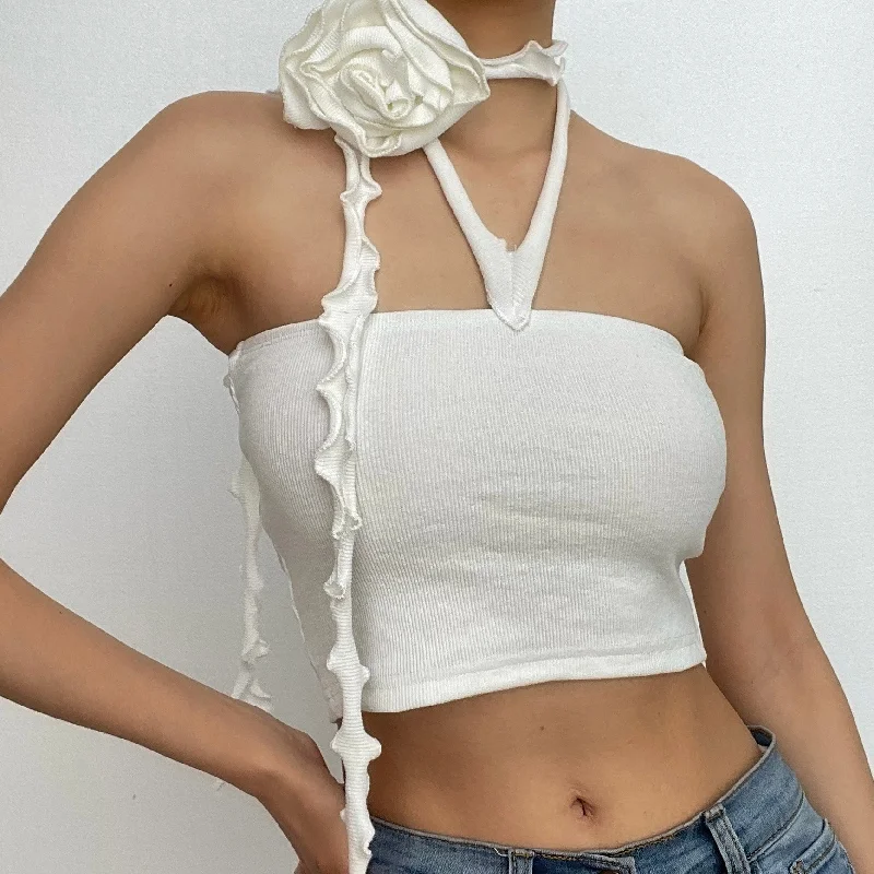 Sleeveless solid halter flower applique backless crop top Update With Cottagecore Styles