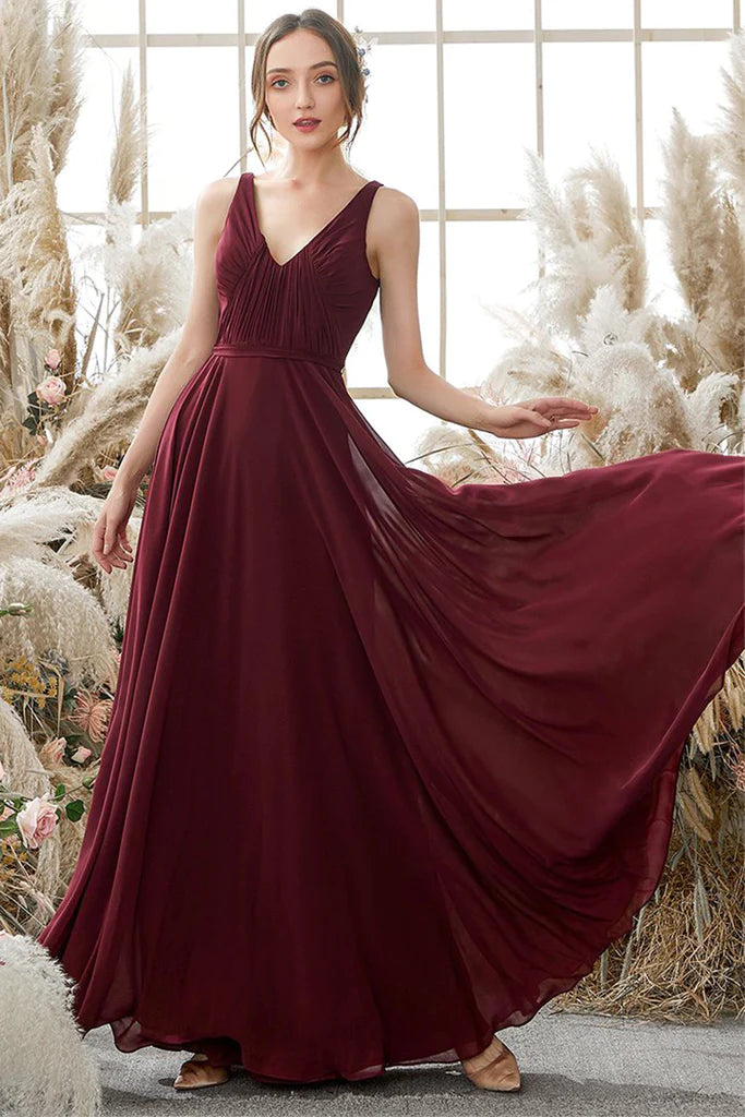 Leanna Floor Length Chiffon Natural Waist Sleeveless V-Neck A-Line/Princess Bridesmaid Dresses Classic Charm