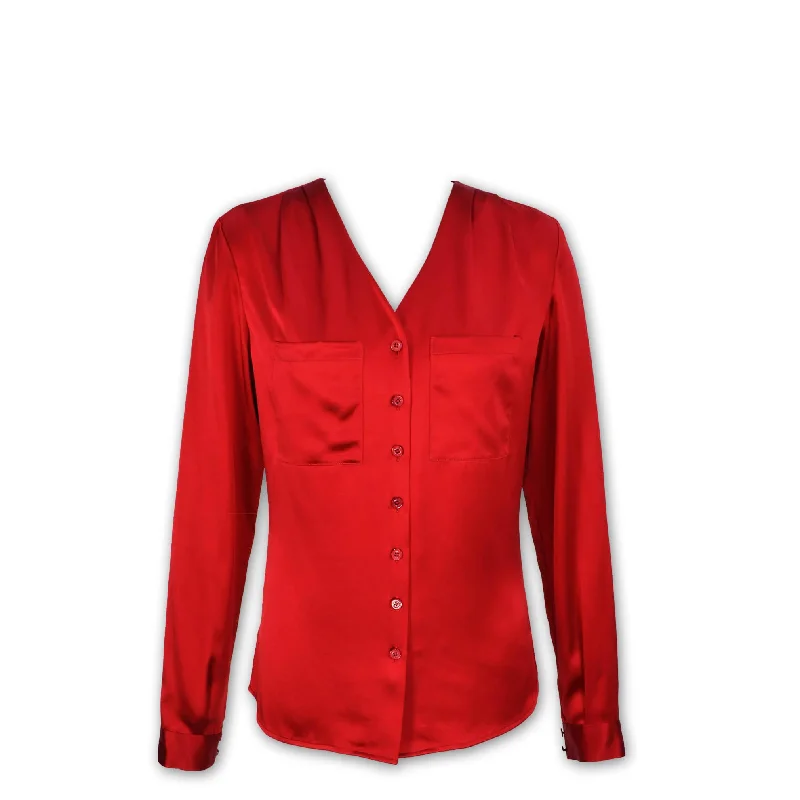 J. Peterman Women's Silk Satin Patch Pocket Blouse in Red Cottagecore Rustic Charm Style