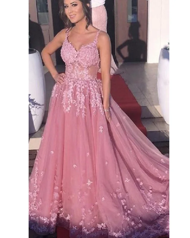 Dust Rose Tulle  Appliuqued Lace Gown Long 2020 Evening Formal Dress with Straps LP1202 Cottagecore Rustic Charm Style