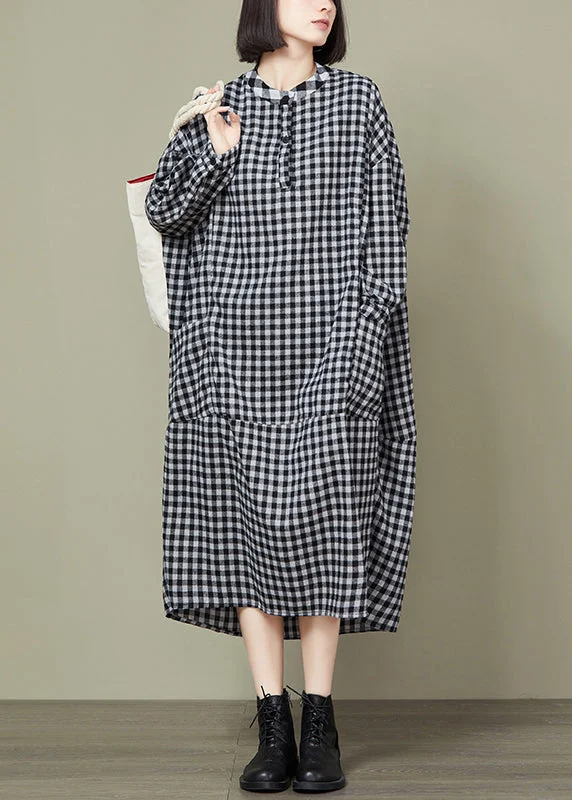 Small Plaid Button Loose Cotton Long Dress O Neck Long Sleeve Ethnic Cultural Event Wear