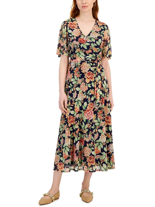 Petites Womens Floral Print Mesh Maxi Dress Romantic Date - Night Ensemble