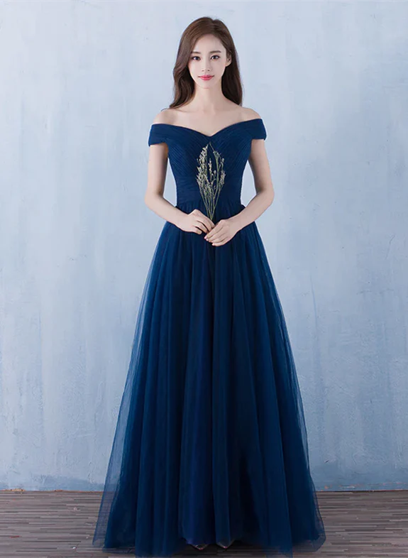 Lovely Navy Blue Tulle Off Shoulder Long Prom Dress , Tulle Bridesmaid Dresses Nordic Minimalist Home Look