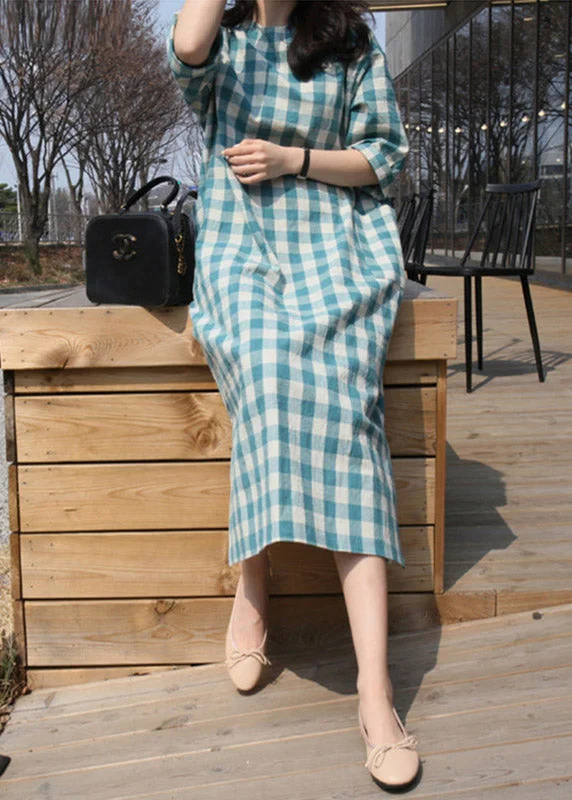 Women Plaid O-Neck Pockets Side Open Dress Long Sleeve Elevated Style