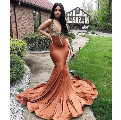 Mermaid Prom Dresses Sexy Deep V Neck Gold Appliques Cap Sleeve Evening Party Gowns Black   cg14796 Playful Elegance