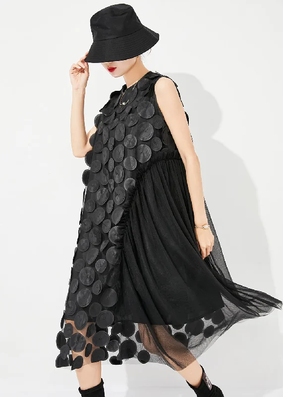 Unique Black Oversized Patchwork Tulle Holiday Dress Sleeveless Feminine Grace