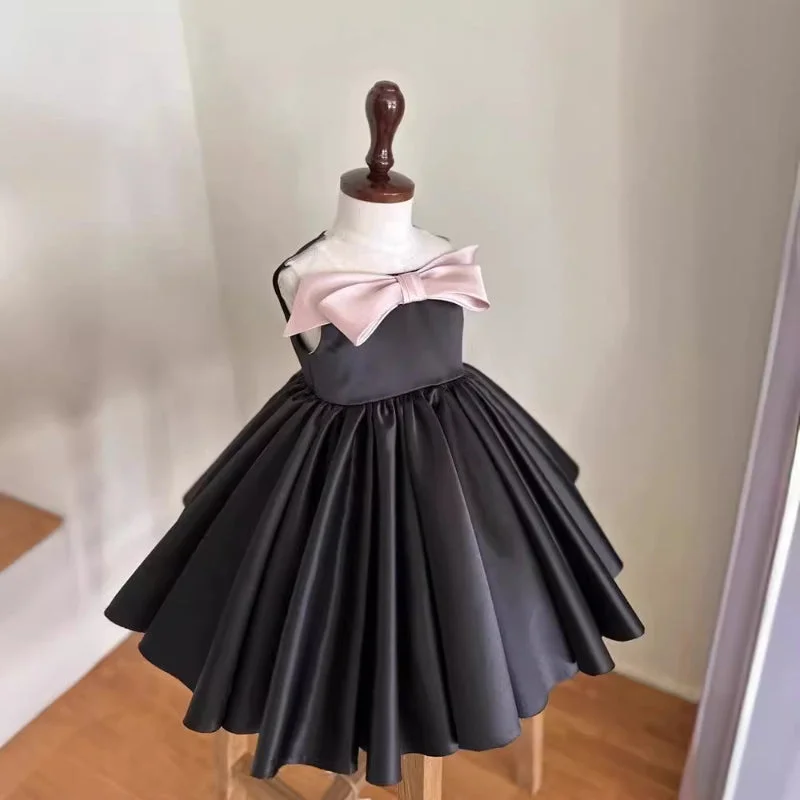 Elegant Baby Girl Black Satin Bow Dress Toddler Ball Gowns Spring Wardrobe