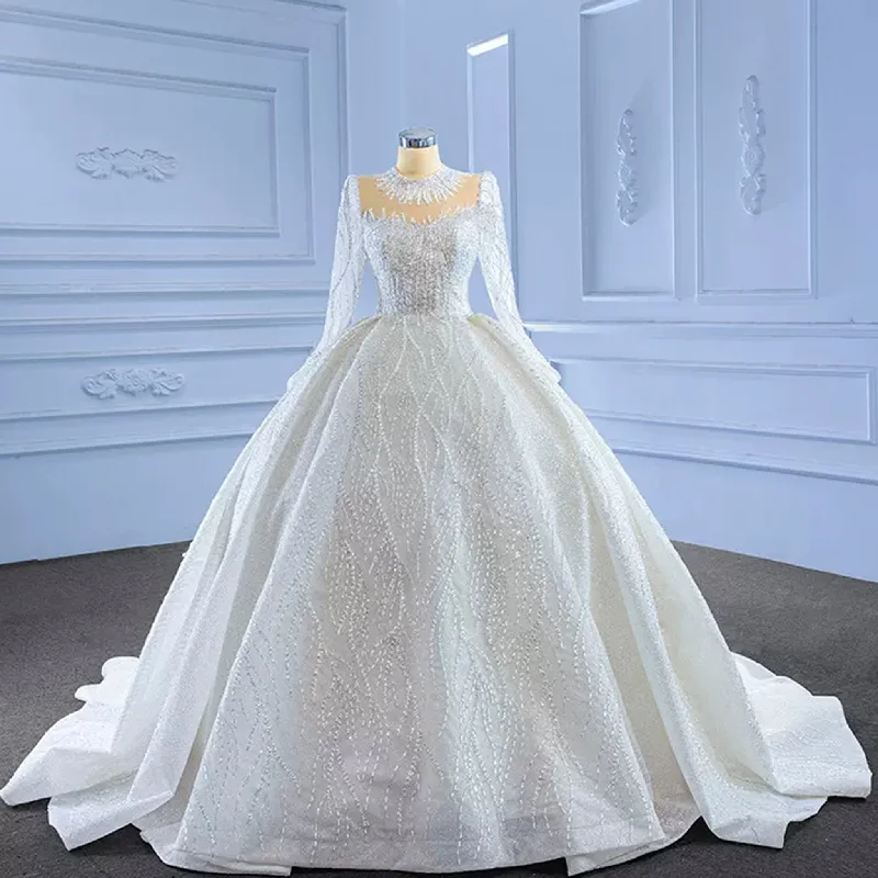 High Neck Puffy Skirt Ball Gown Wedding Dresses with Long Sleeve Fashion Sale