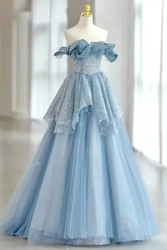 Light Sky Blue Off The Shoulder Tulle Prom Dress, Sparkly Long Party Gown Y3082 Chic Urban Fashion Look