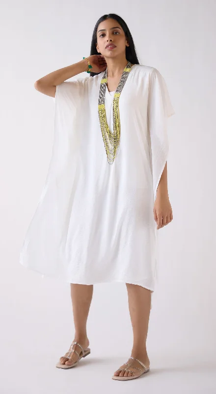 Ivory Crushed Satin Blend Kaftan Dress With Mala & Spaghetti Chic Urban Fashion Look