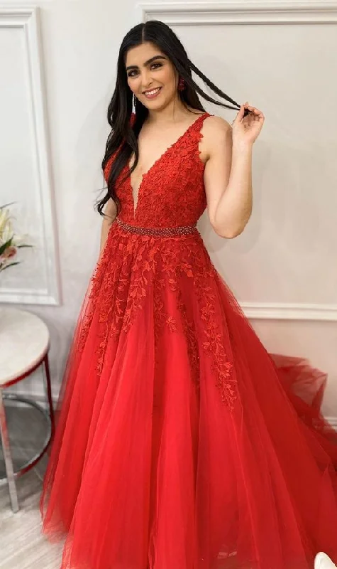 modest red prom gowns, pretty lace prom dresses, a line evening party dresses  cg7975 Save On Inspired Styles