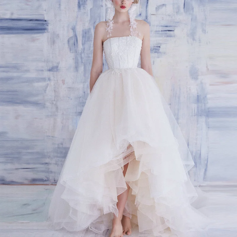 Strapless Hi Lo Bridal Gown Wedding Dress with Multi Tulle Coastal Beach - Inspired Style