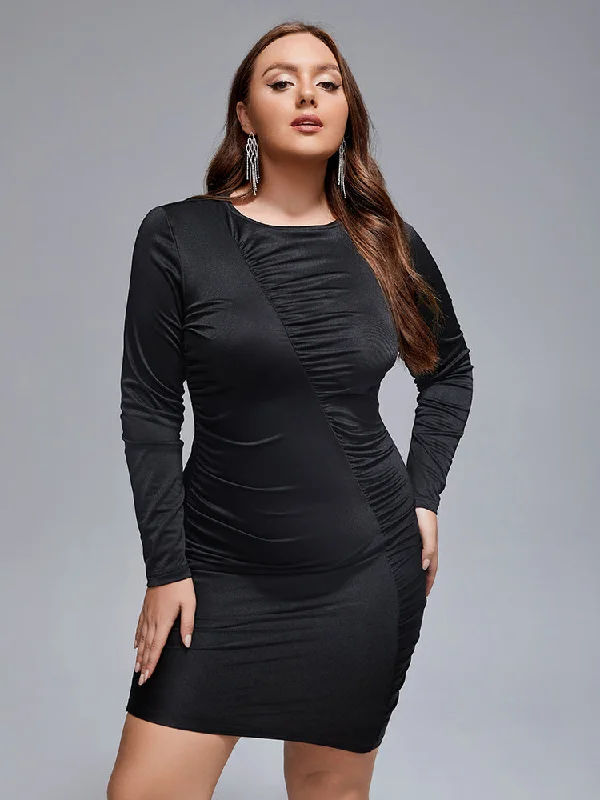 Plus Black Irregular Shirred Bodycon Dress Disco - Inspired Retro Dance Look