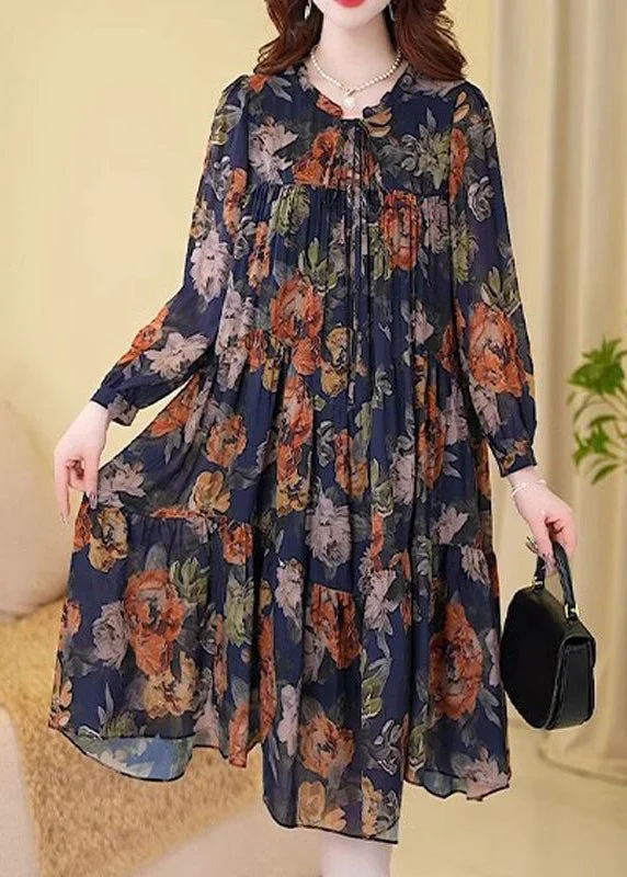 New Navy Print Wrinkled Cotton Long Dresses Long Sleeve Special Offer